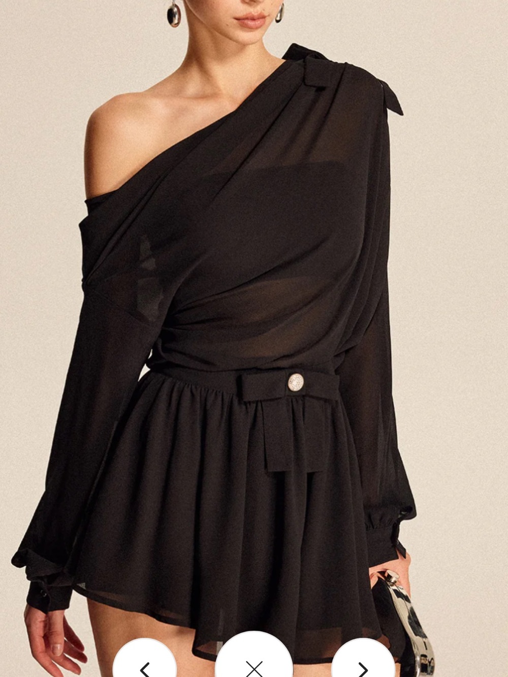 One-Shoulder Black Chiffon Mini Dress